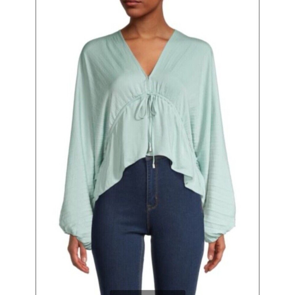 Free People Mint Green V-Neck Drawstring Blouse